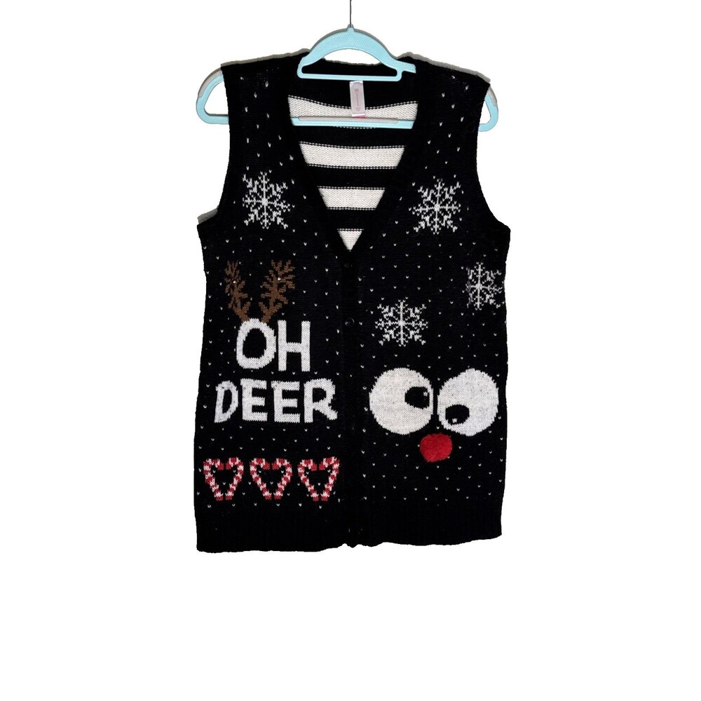 No Boundaries XL(15-17) Women Black Oh Deer Jingle Bells Holiday Sweater Vest